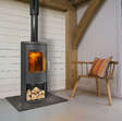 Opus Harmony LS stove with a glass door and logstore.